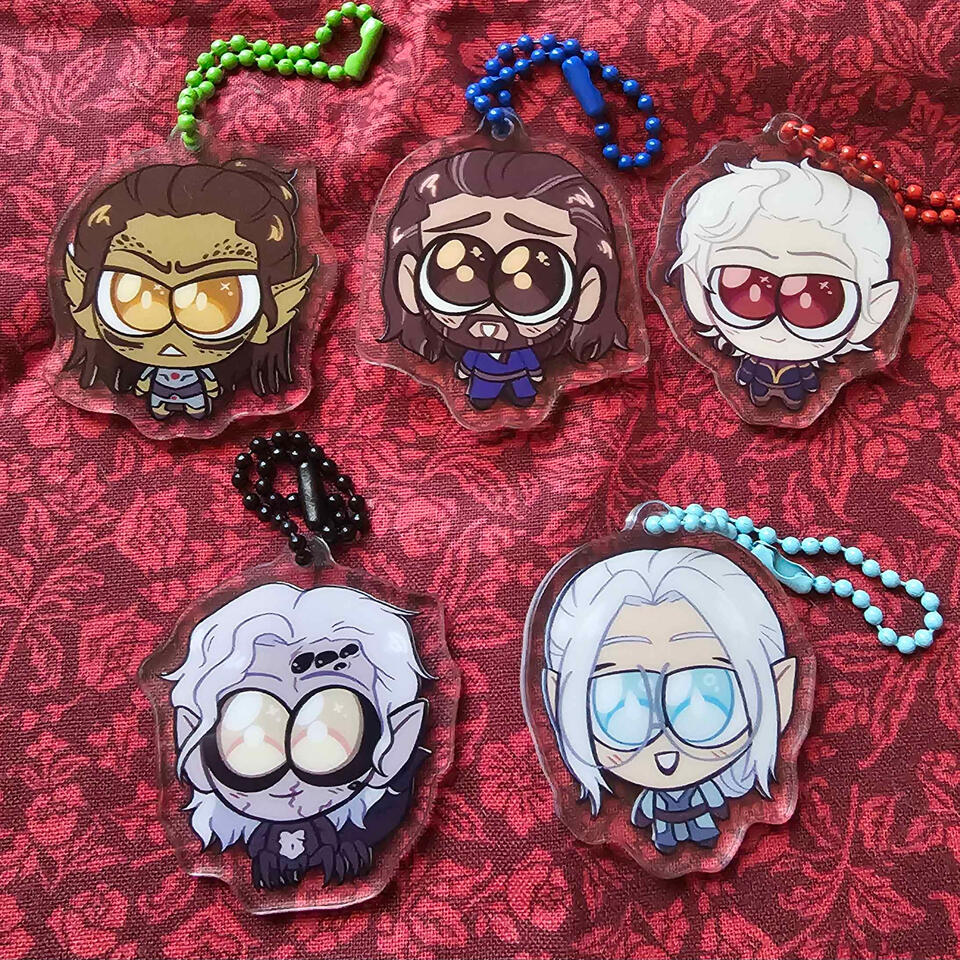 09-2024 Baldur's Gate 3 acrylic charms of Lae'zel, Gale, Astarion, Kar'niss, and Neuvaine (Tav)